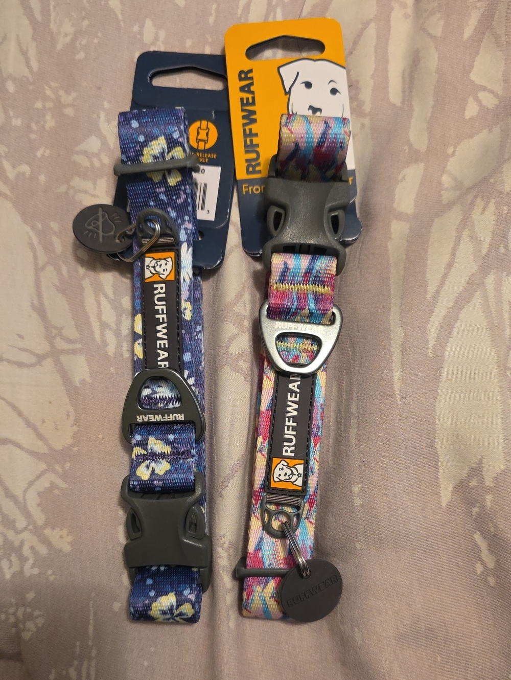 2 Ruffwear DOG Adjustable Collars in Blue Floral and Multicolor Stripe